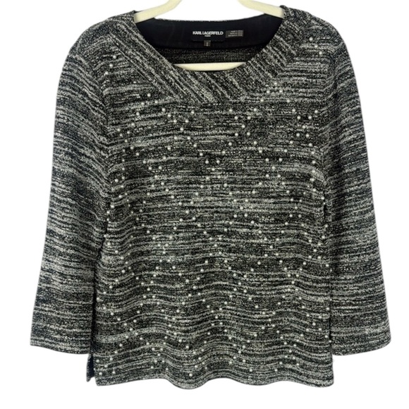KARL LAGERFELD Pearl Embellished Tweed Knit 3/4 Sleeve Sweater Top Size Medium - Picture 1 of 10